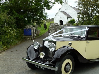 Wedding Car Hire infront of church Ceredigion West Wales, near Aberystwyth